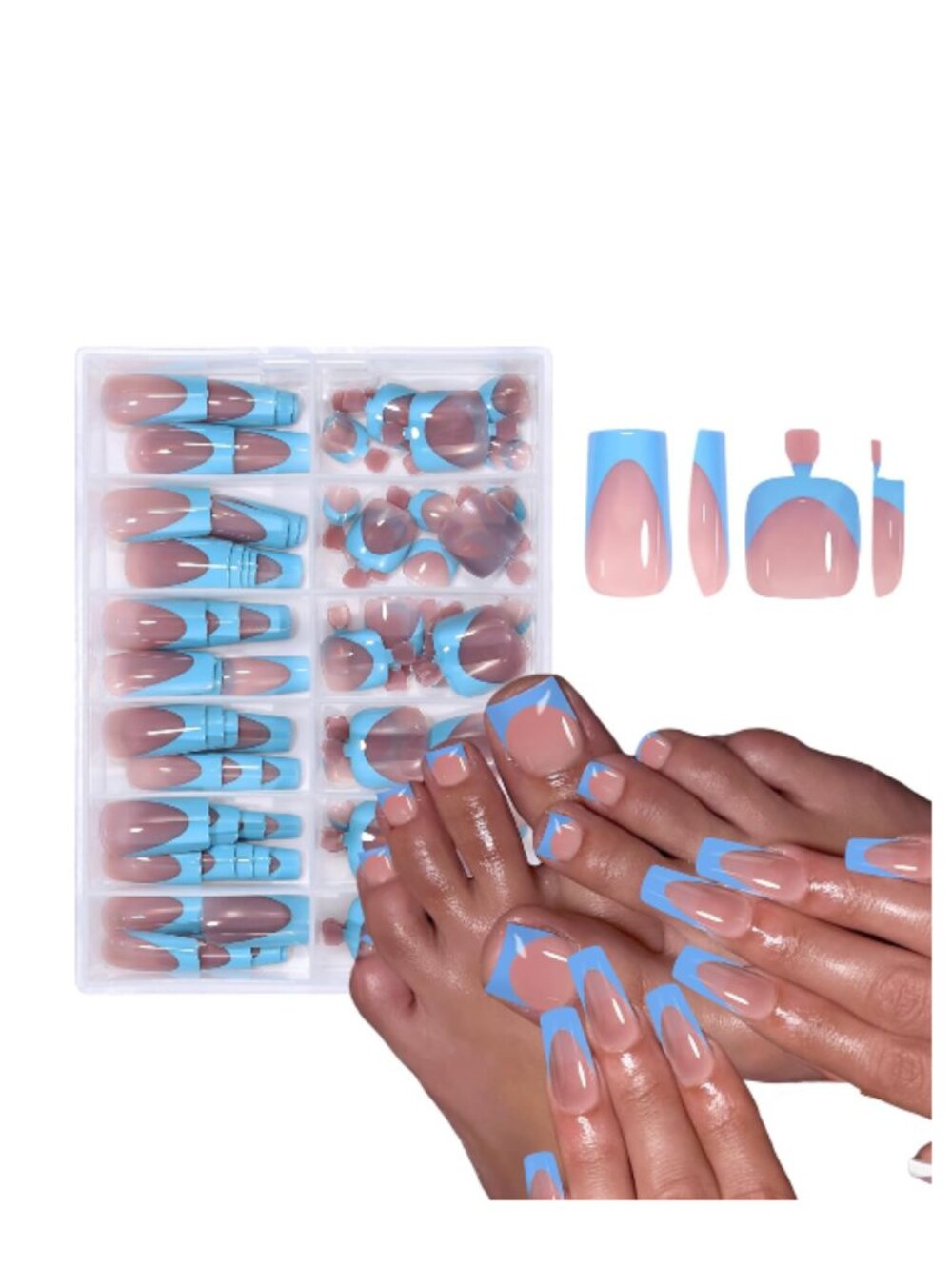 Blue And Tan French Tip Finger And Toenail Set